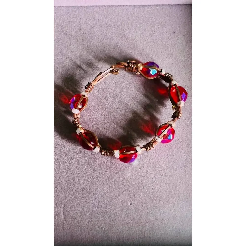 Handmade Copper Wire Wrapped Red Bead Bracelet
